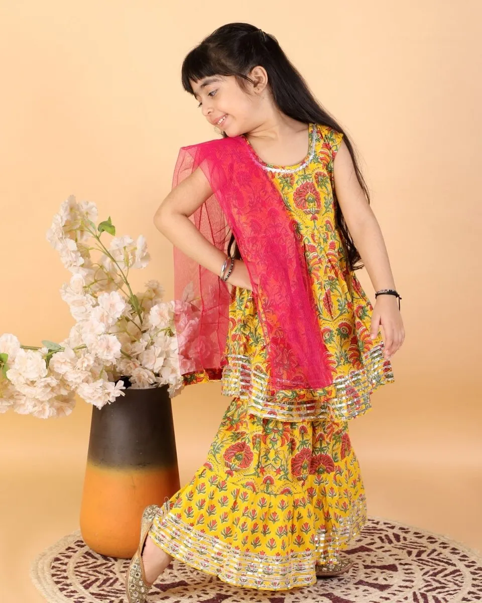 Kids Ethnic Set-Yellow Block Print Dhoti Kurta Boys Set with Floral Print Girls Anarkali Kurta Sharara Set With Dupatta