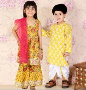 Kids Ethnic Set-Yellow Block Print Dhoti Kurta Boys Set with Floral Print Girls Anarkali Kurta Sharara Set With Dupatta