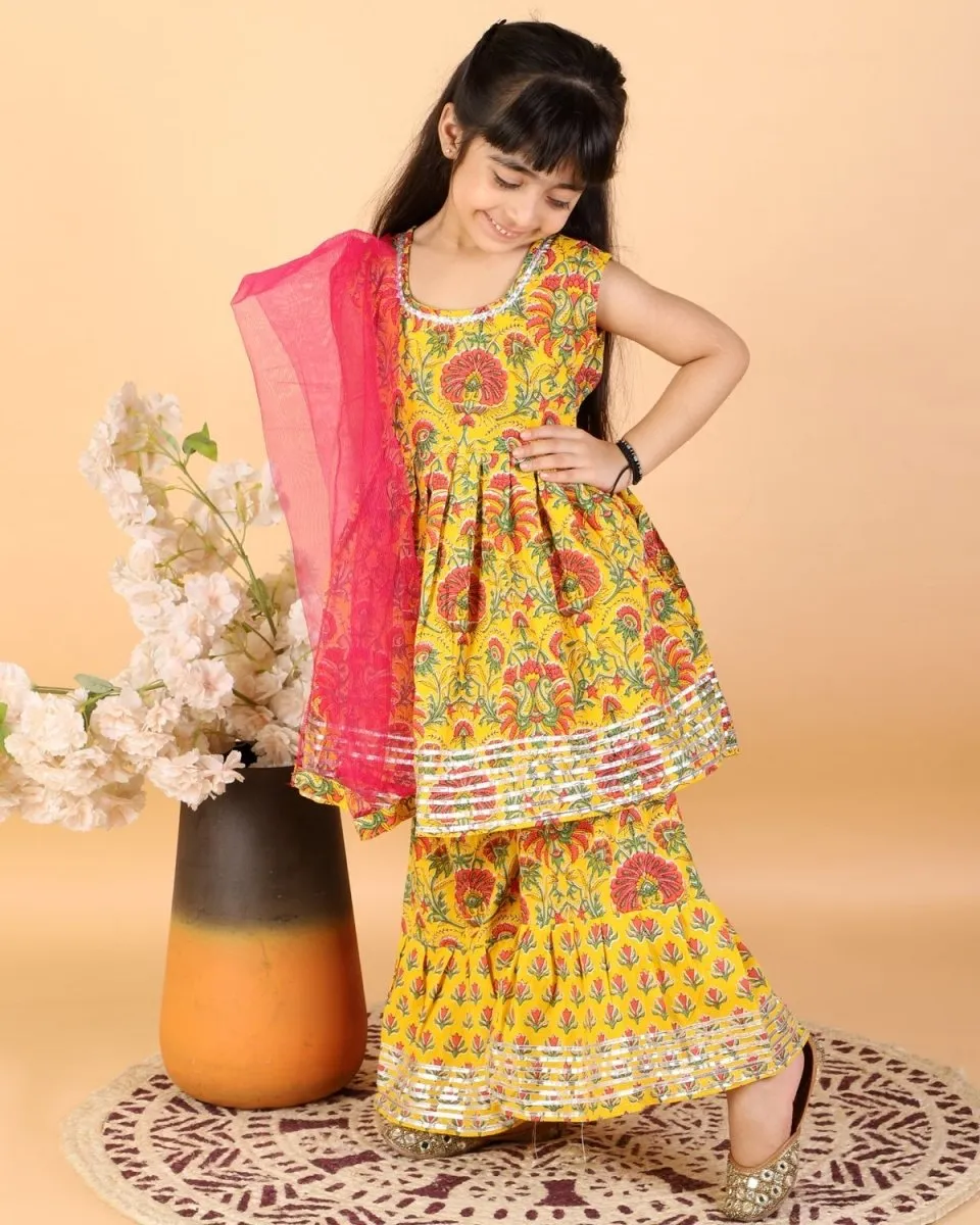 Kids Ethnic Set-Yellow Block Print Dhoti Kurta Boys Set with Floral Print Girls Anarkali Kurta Sharara Set With Dupatta