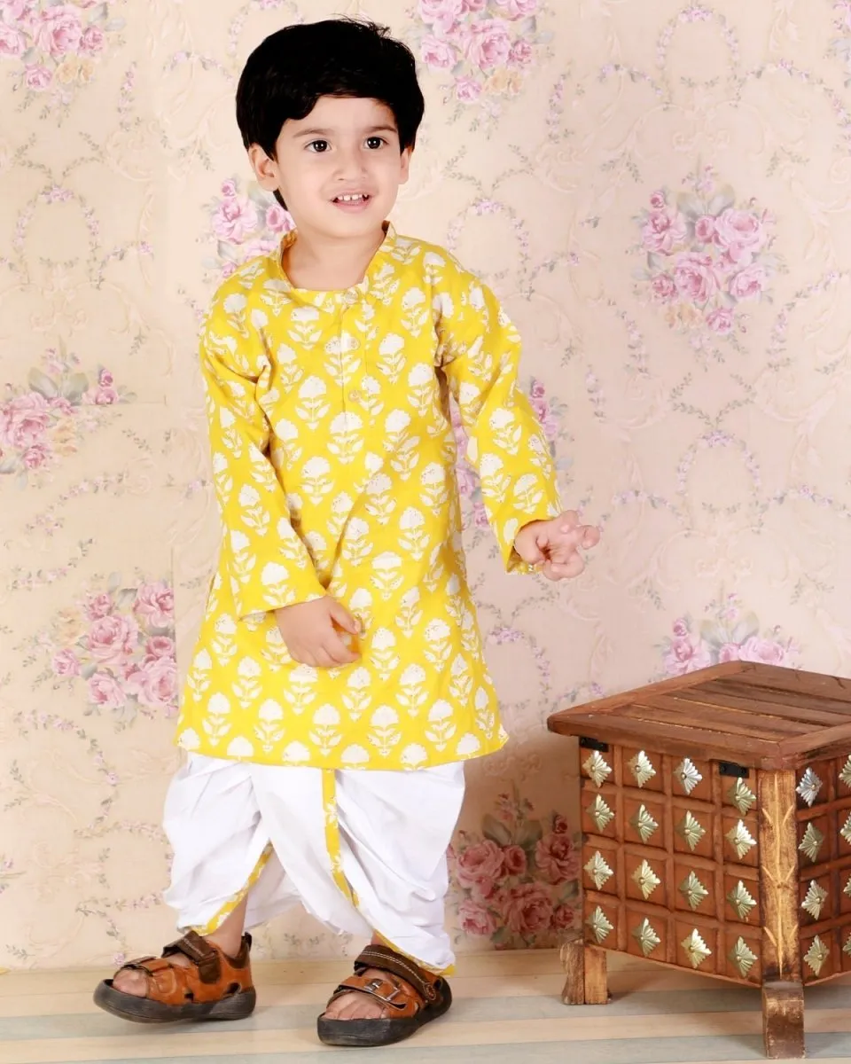 Kids Ethnic Set-Yellow Block Print Dhoti Kurta Boys Set with Floral Print Girls Anarkali Kurta Sharara Set With Dupatta