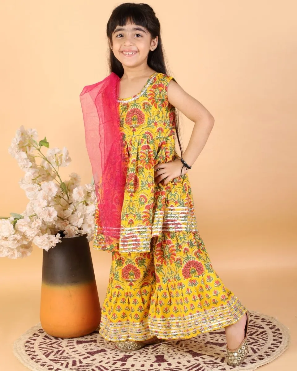 Kids Ethnic Set-Yellow Block Print Dhoti Kurta Boys Set with Floral Print Girls Anarkali Kurta Sharara Set With Dupatta