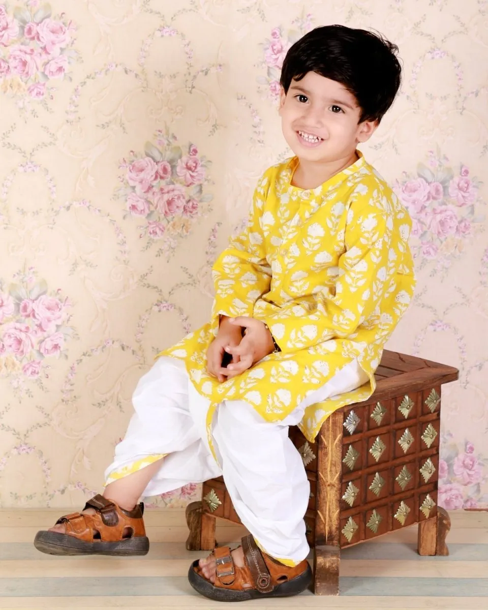 Kids Ethnic Set-Yellow Block Print Dhoti Kurta Boys Set with Floral Print Girls Anarkali Kurta Sharara Set With Dupatta