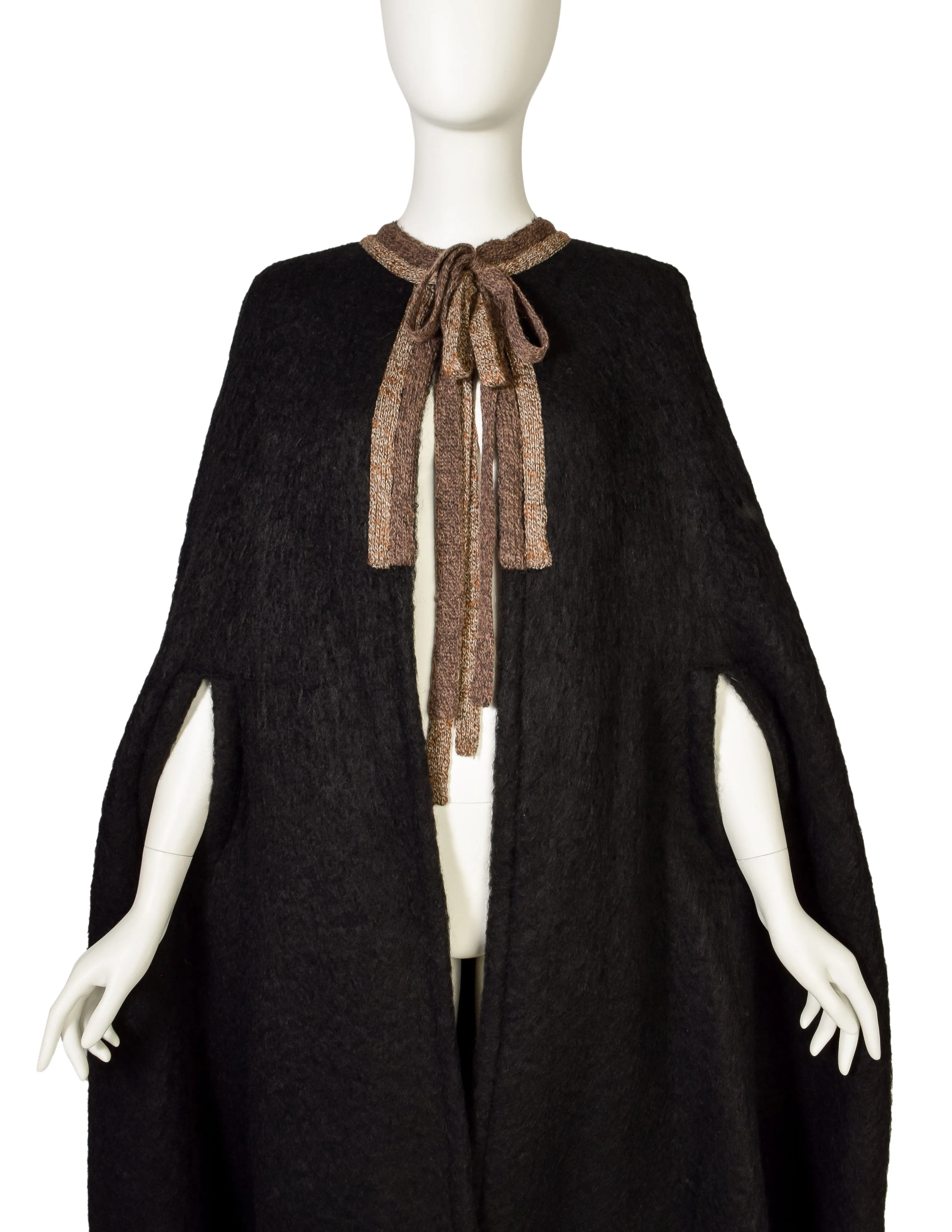 Krizia Vintage 1970s Black and Brown Mohair Wool Dramatic Cape