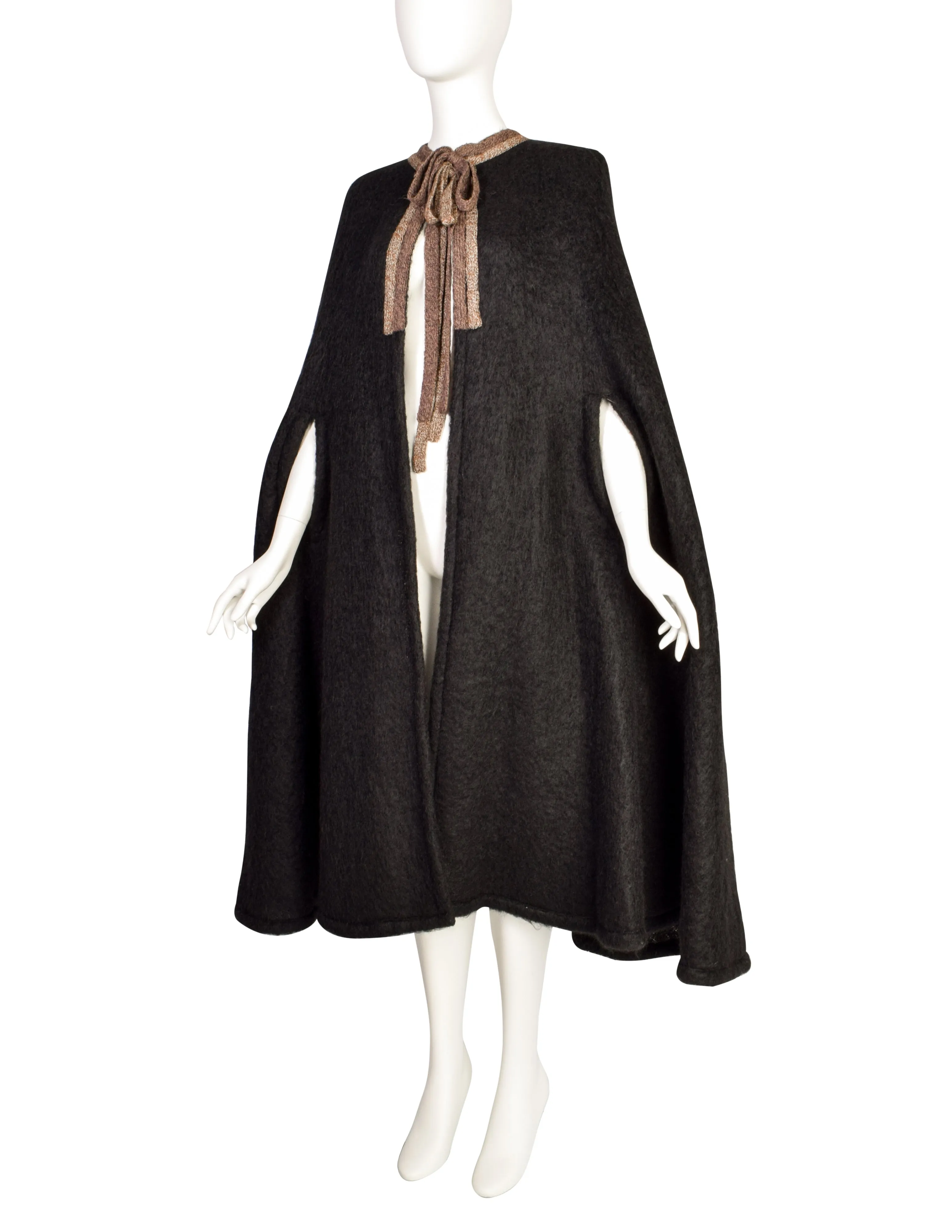 Krizia Vintage 1970s Black and Brown Mohair Wool Dramatic Cape