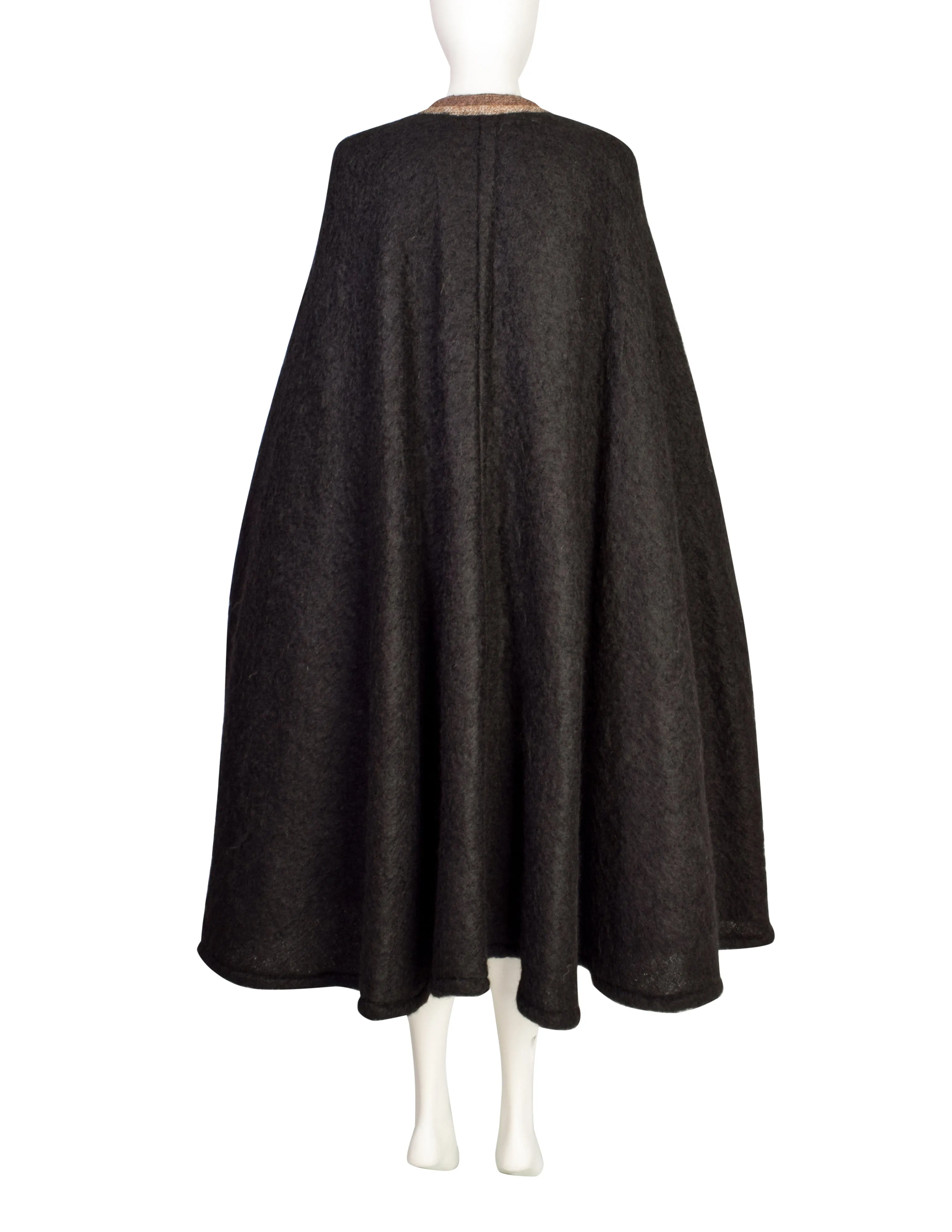 Krizia Vintage 1970s Black and Brown Mohair Wool Dramatic Cape