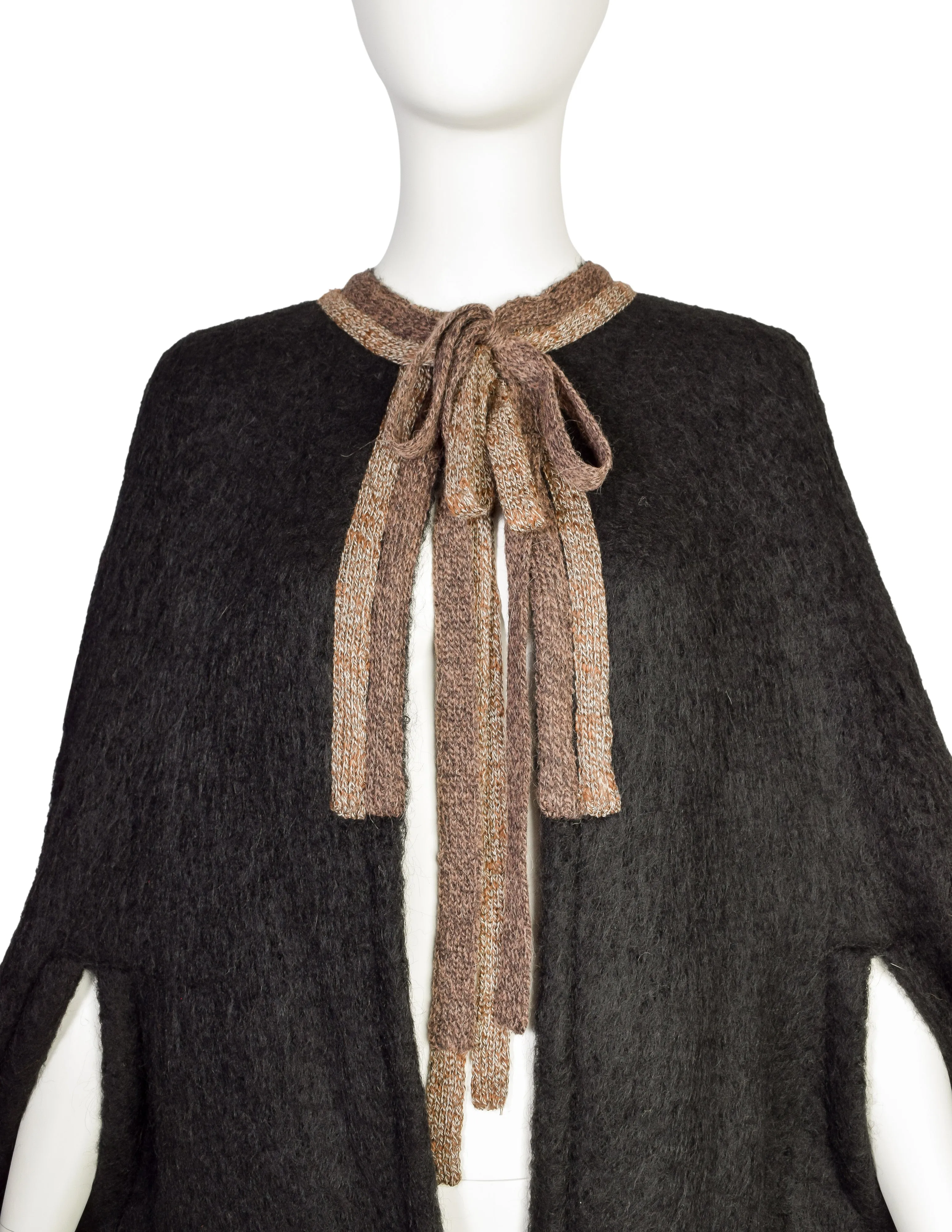 Krizia Vintage 1970s Black and Brown Mohair Wool Dramatic Cape