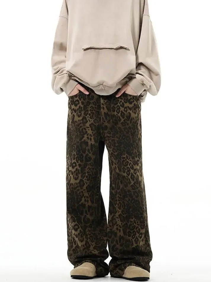 LANFUBEISI - Leopard Print Straight Leg Jeans