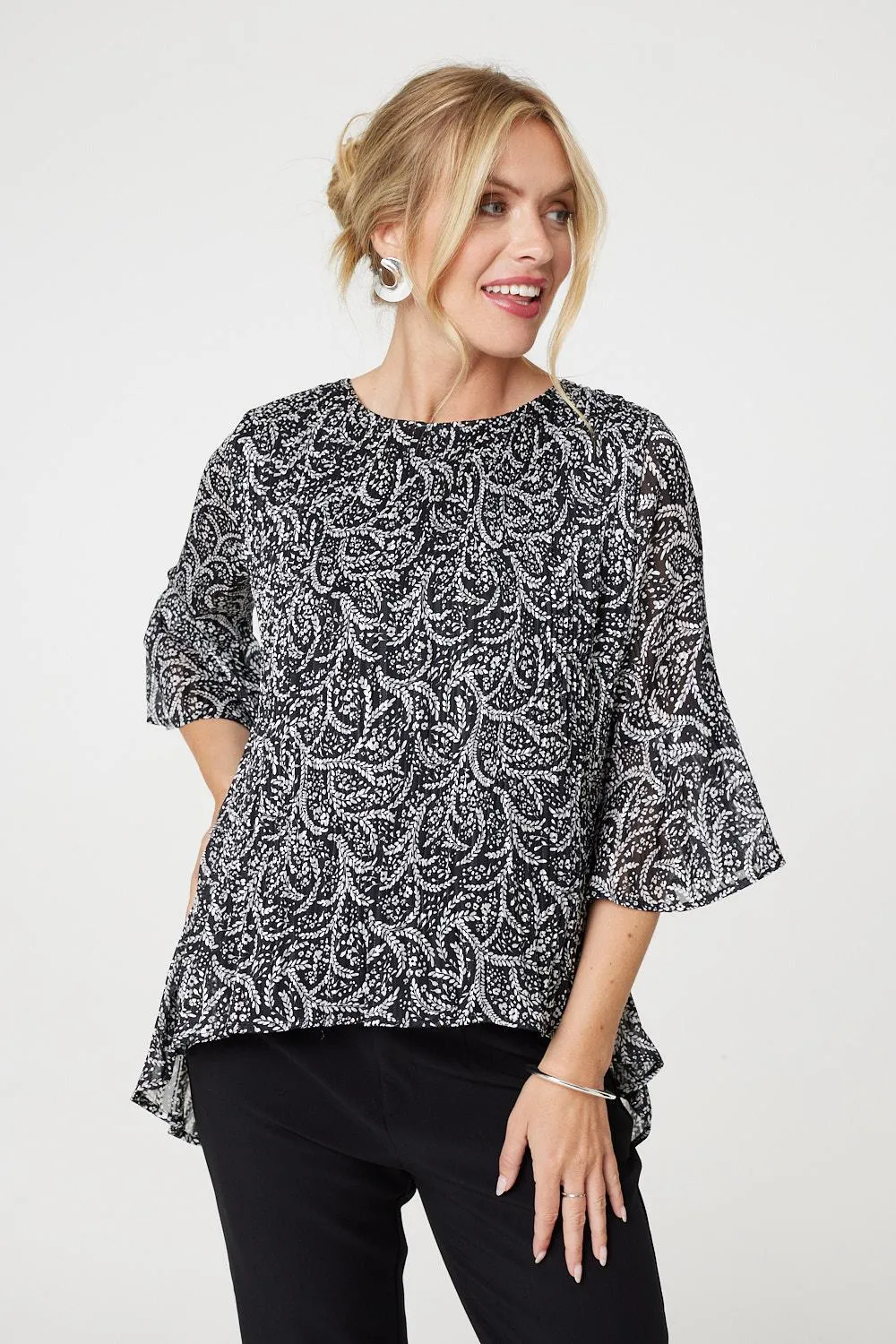 Leaf Print 3/4 Sleeve High Low Blouse