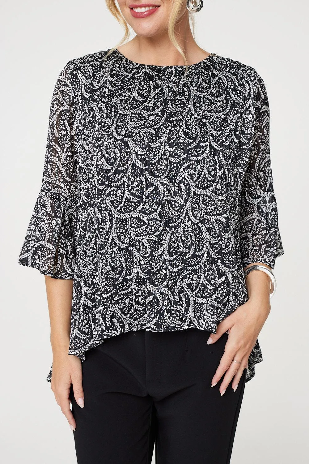 Leaf Print 3/4 Sleeve High Low Blouse