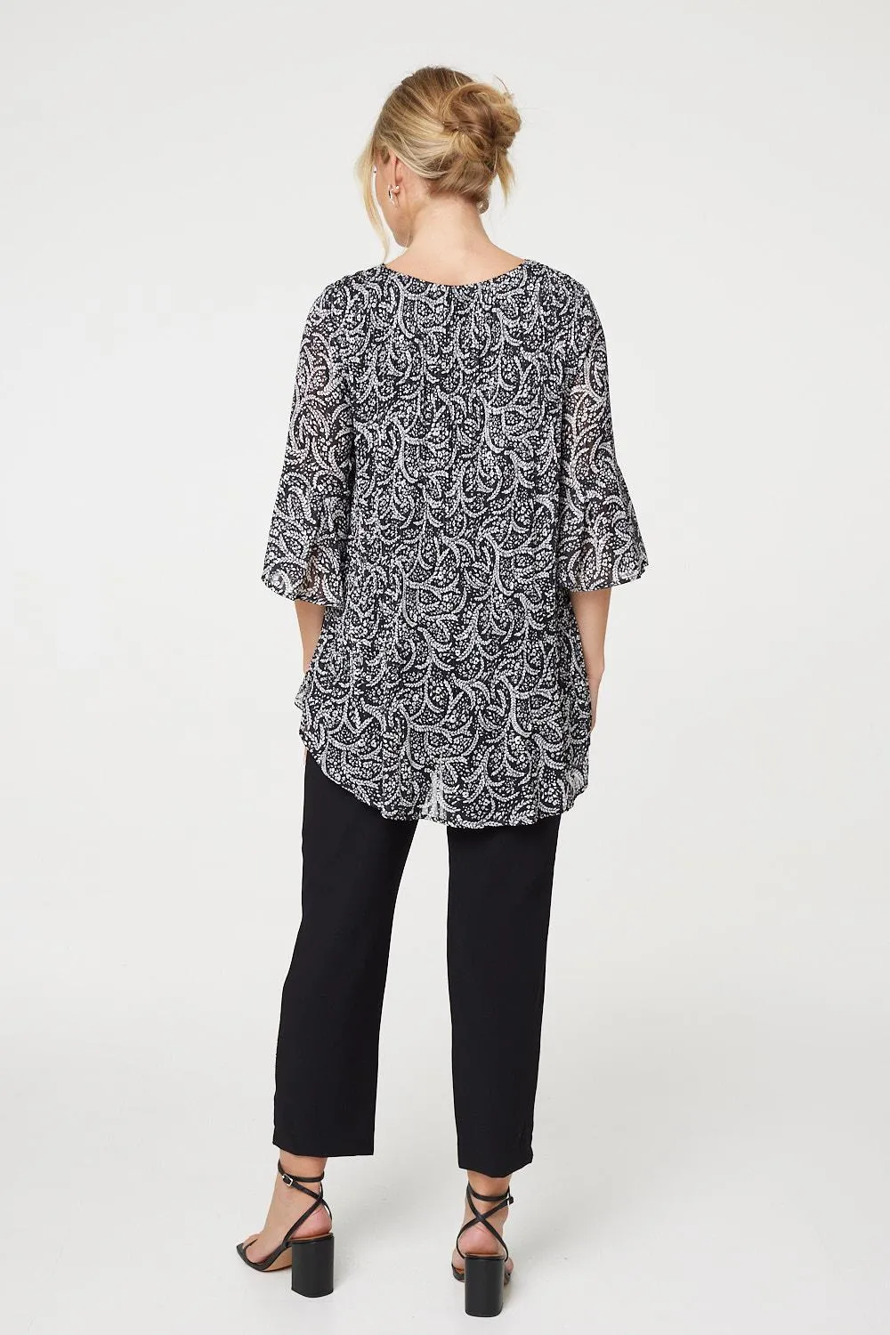 Leaf Print 3/4 Sleeve High Low Blouse