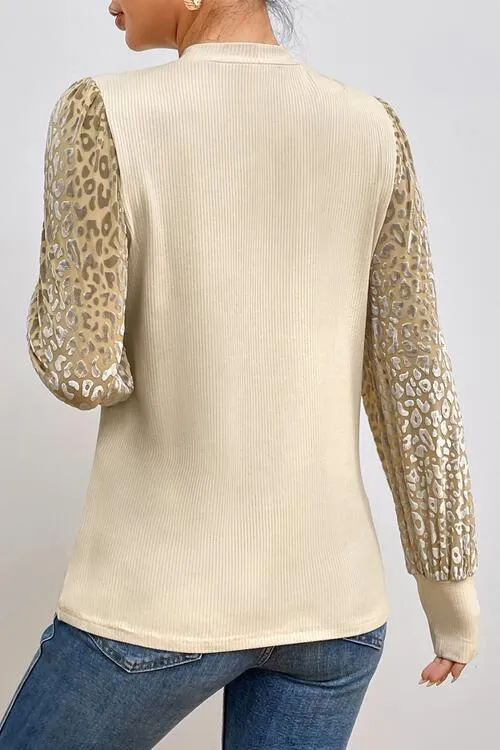 Leopard Print Long Sleeve Ribbed Knit Blouse