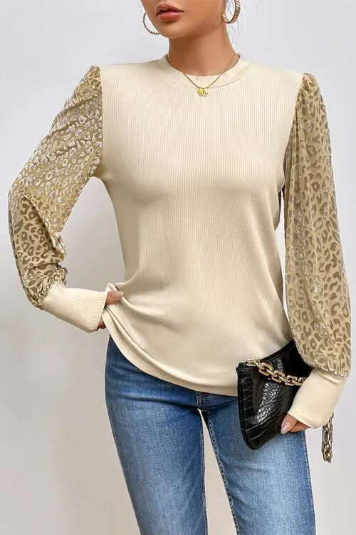 Leopard Print Long Sleeve Ribbed Knit Blouse