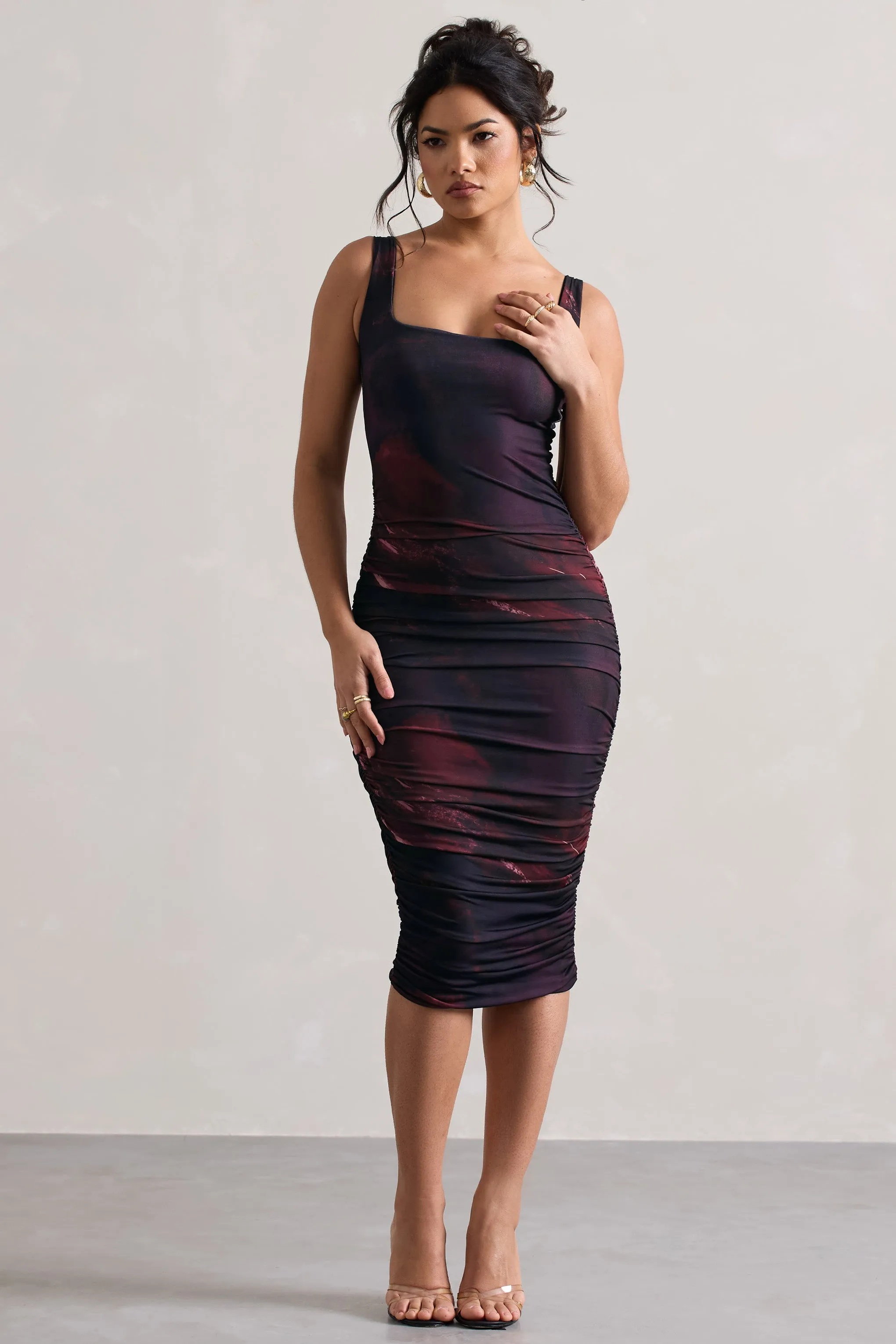 Lisbon | Plum Print Square Neck Ruched Midi Dress