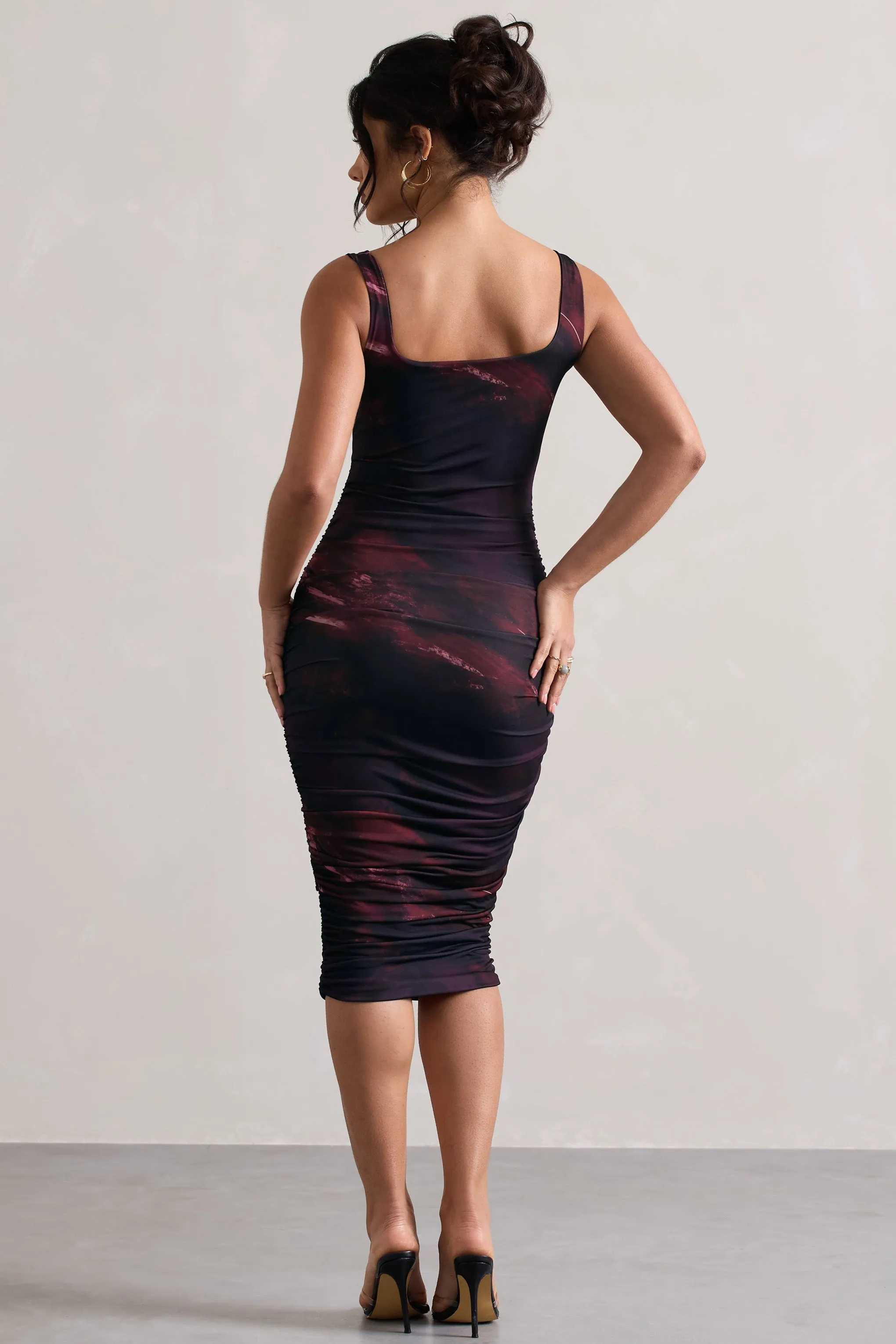 Lisbon | Plum Print Square Neck Ruched Midi Dress