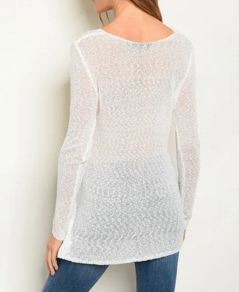 Long sleeve V-neck semi-sheer knit