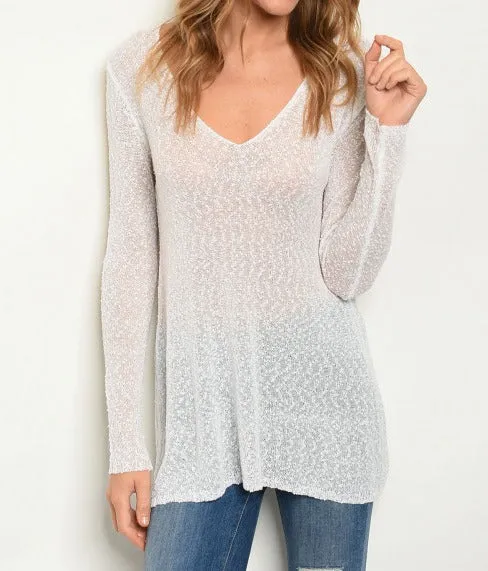 Long sleeve V-neck semi-sheer knit