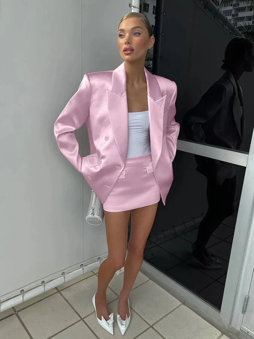 Loose Pink Satin 2 Piece Sets Women Outfit 2024 Elegant Long Sleeve Blazer With Mid Waist Mini Skirts Set Female