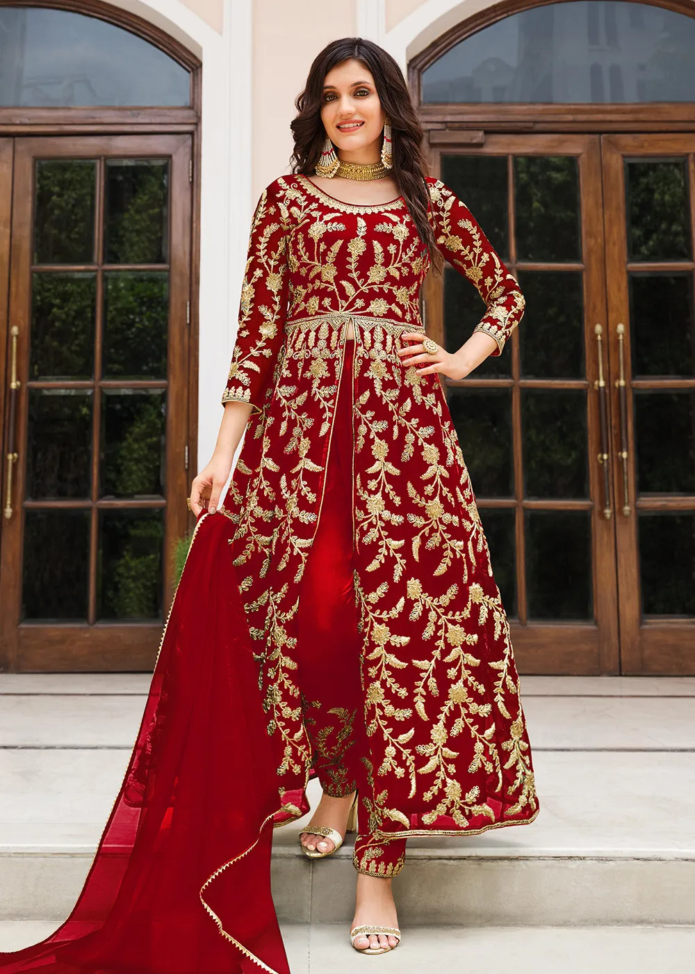 Lovely Bright Red Designer Front Slit Anarkali Dress