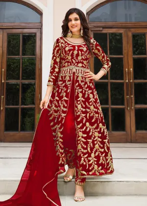 Lovely Bright Red Designer Front Slit Anarkali Dress