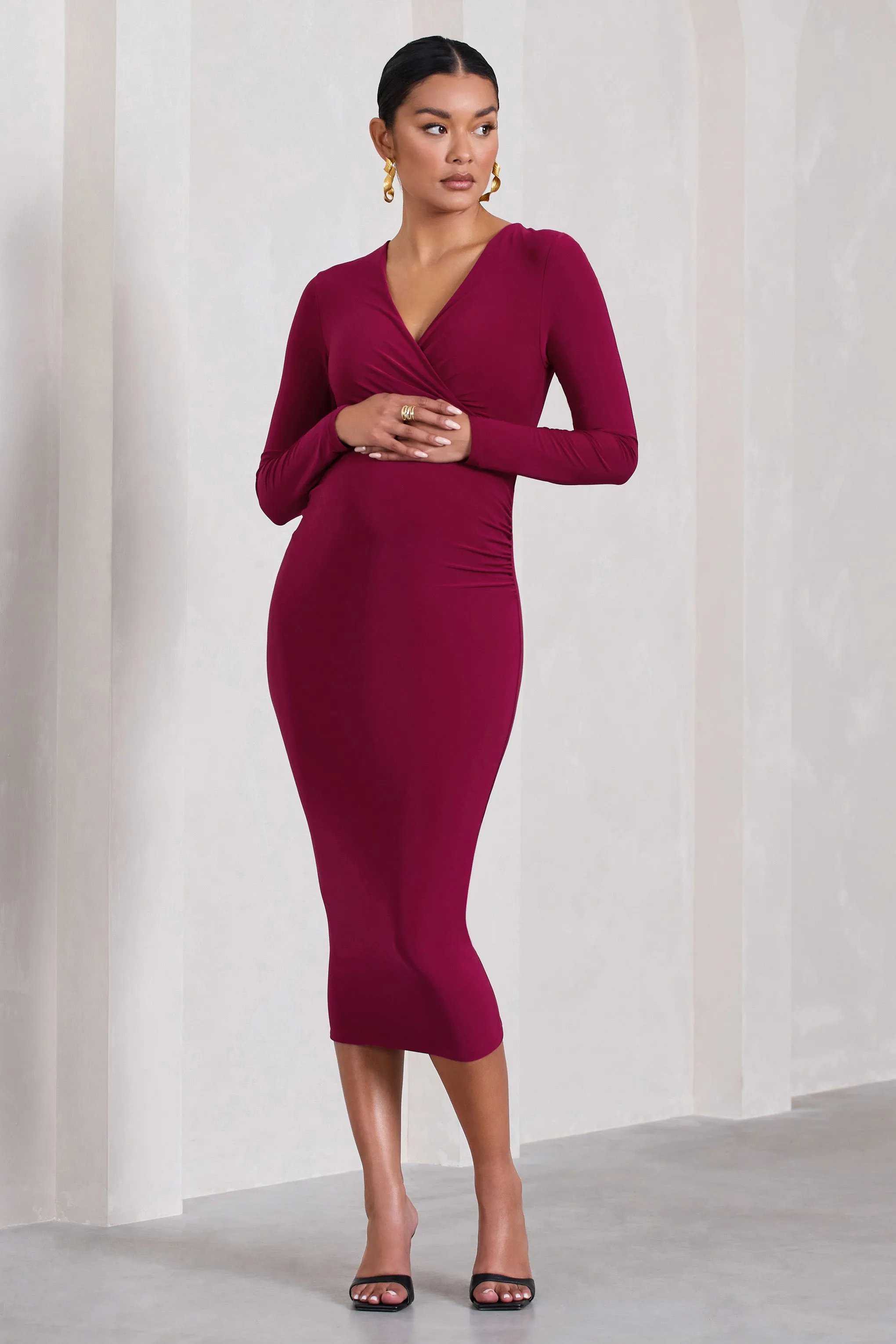 Marcia | Berry Bodycon Plunge-Neck Maternity Midi Dress