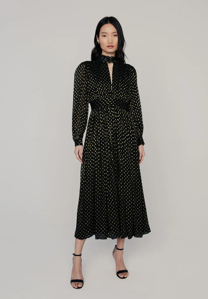 Marianne Keyhole Gold Spot Midi Dress In Black