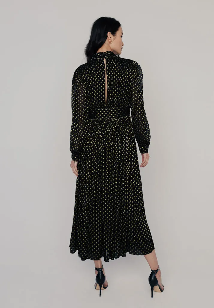 Marianne Keyhole Gold Spot Midi Dress In Black