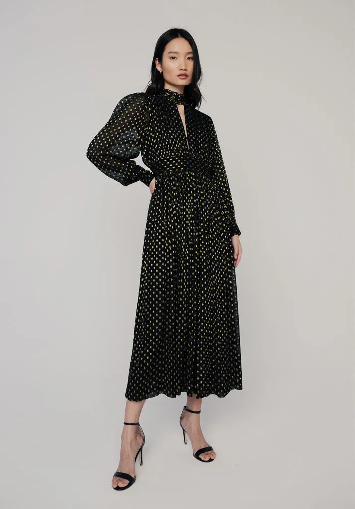 Marianne Keyhole Gold Spot Midi Dress In Black