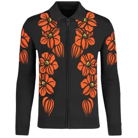 Men's black flower zip-up cardigan sweater