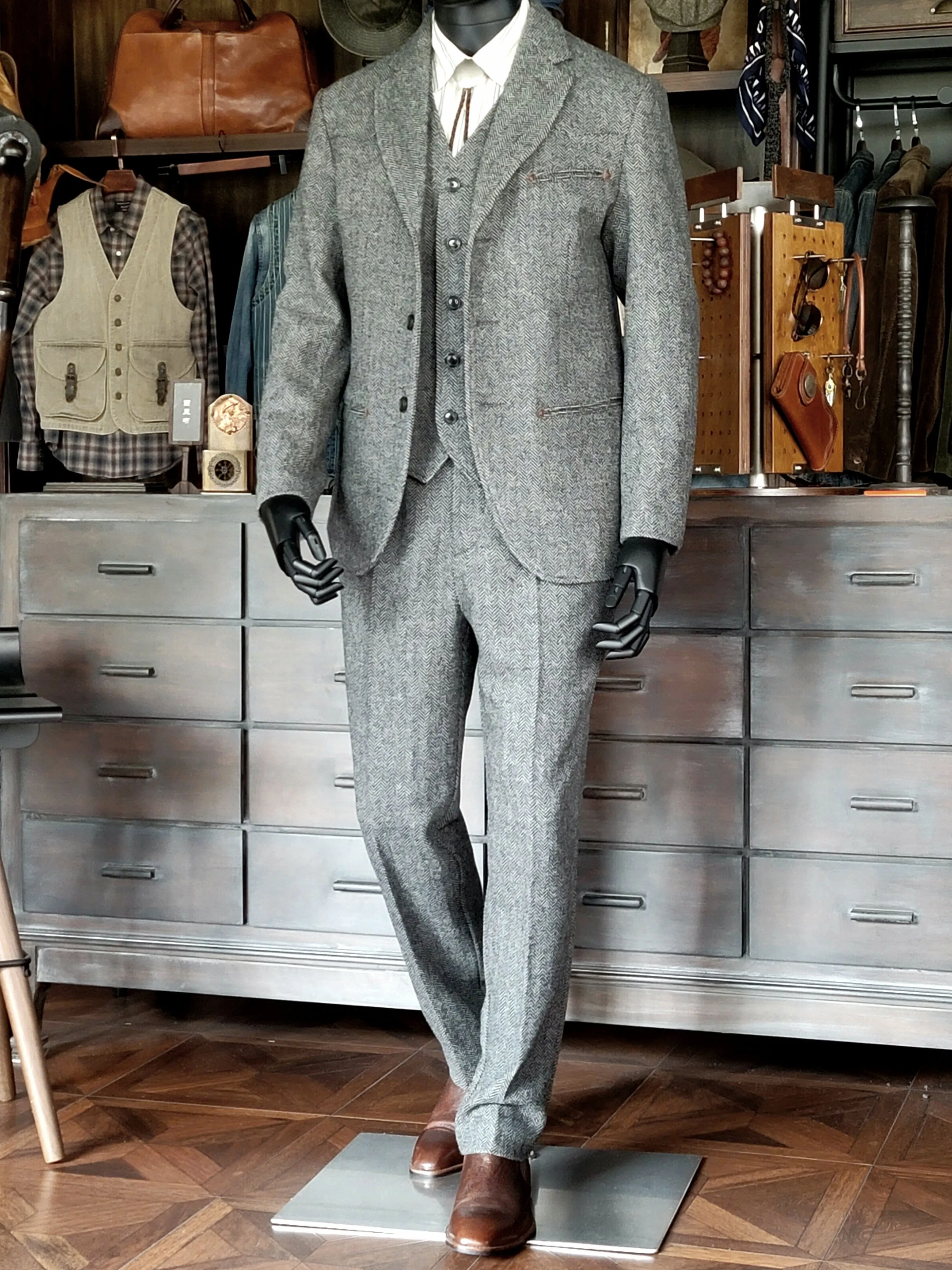 Men's Herringbone Tweed Notch Lapel Dress Suit Jacket