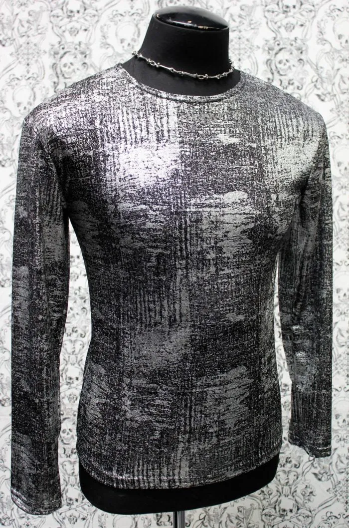 MEN'S LONG SLEEVE TEE - METALLIC SILVER FABRIC