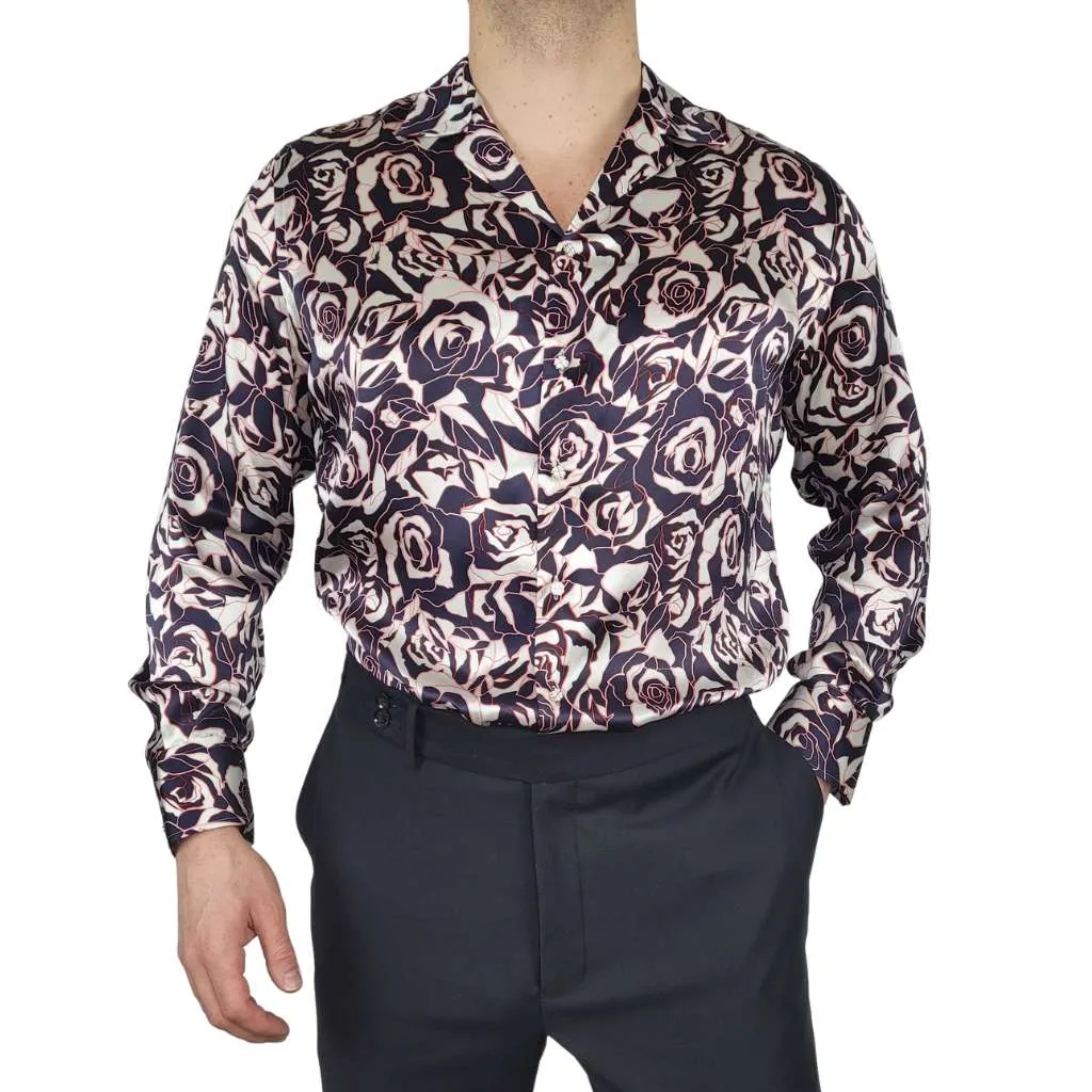 Men's Navy Rose Floral Silk Shirt