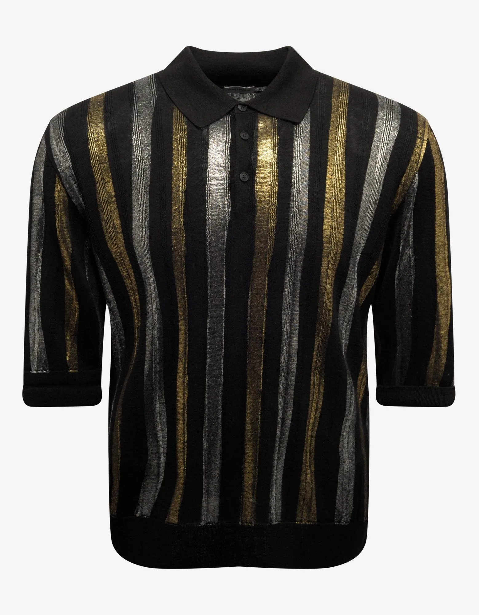 Metallic Stripe Linen-Blend Polo T-Shirt -