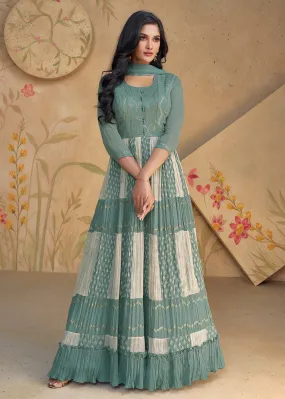 Mint Teal Sequins & Thread Wedding Festive Anarkali Dress