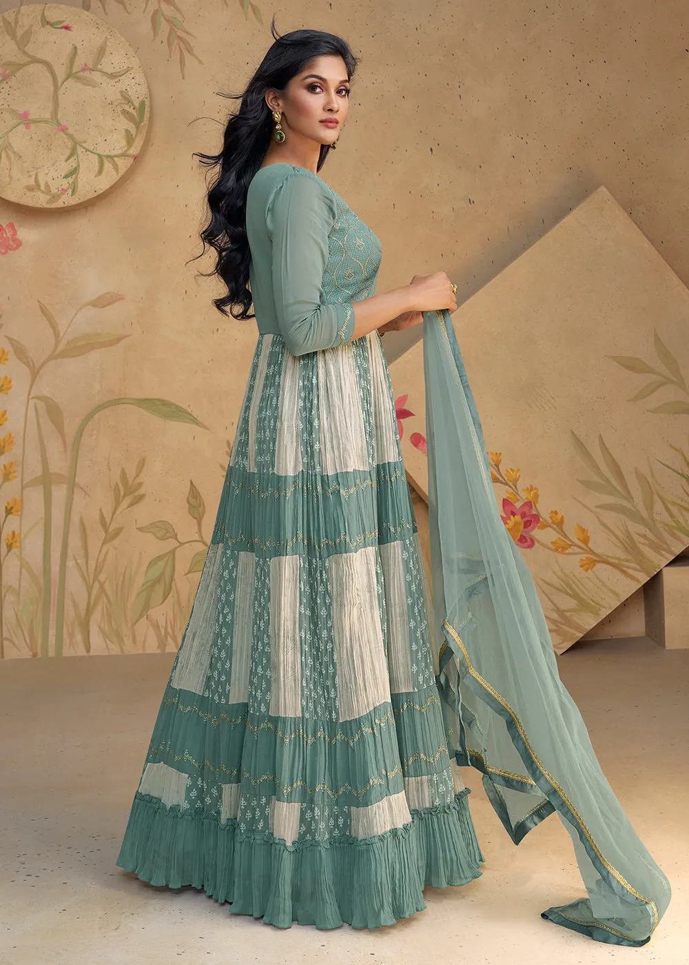 Mint Teal Sequins & Thread Wedding Festive Anarkali Dress