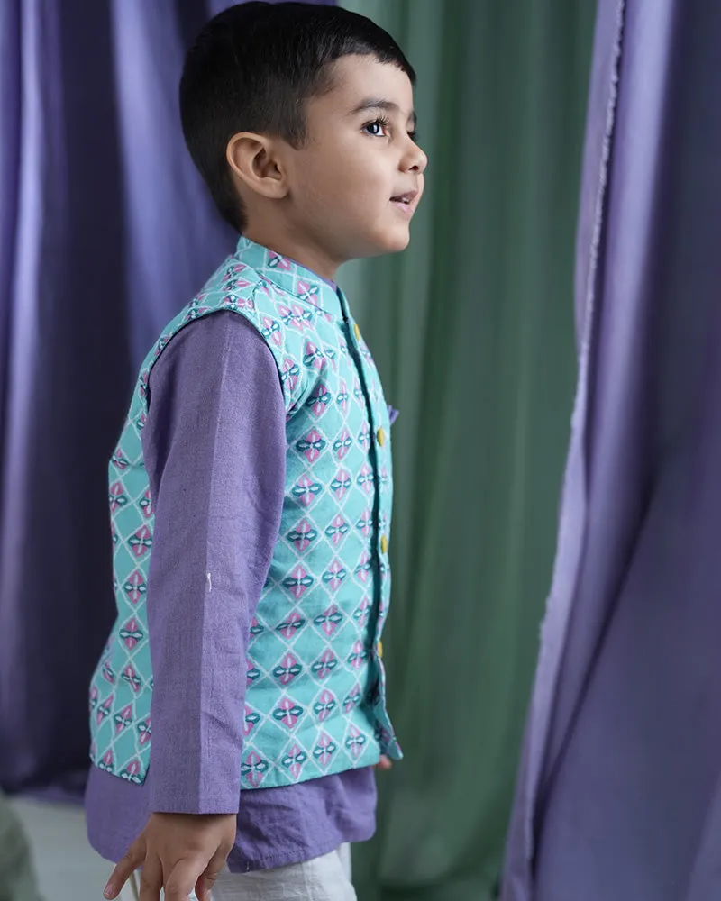 Mosaic Magic Boys Ethnic Wear Bandi/ Nehru Jacket In Hand Block Print Cotton