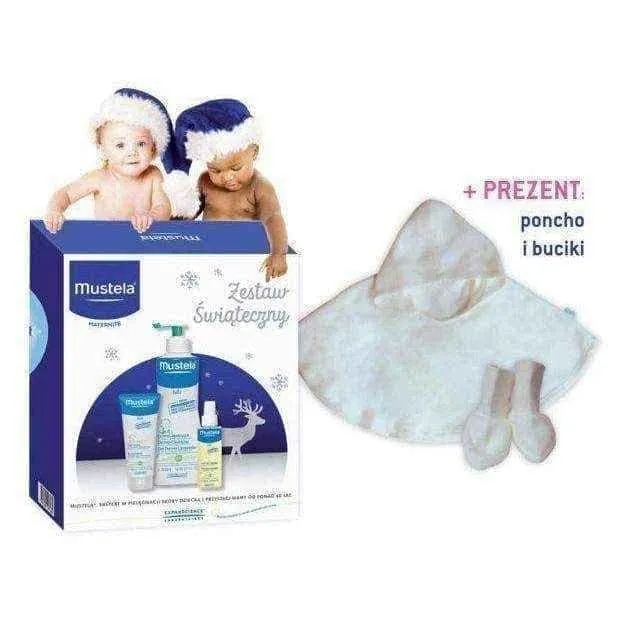 MUSTELA Set of winter cosmetics 3   Gift nice and warm poncho and shoes for baby