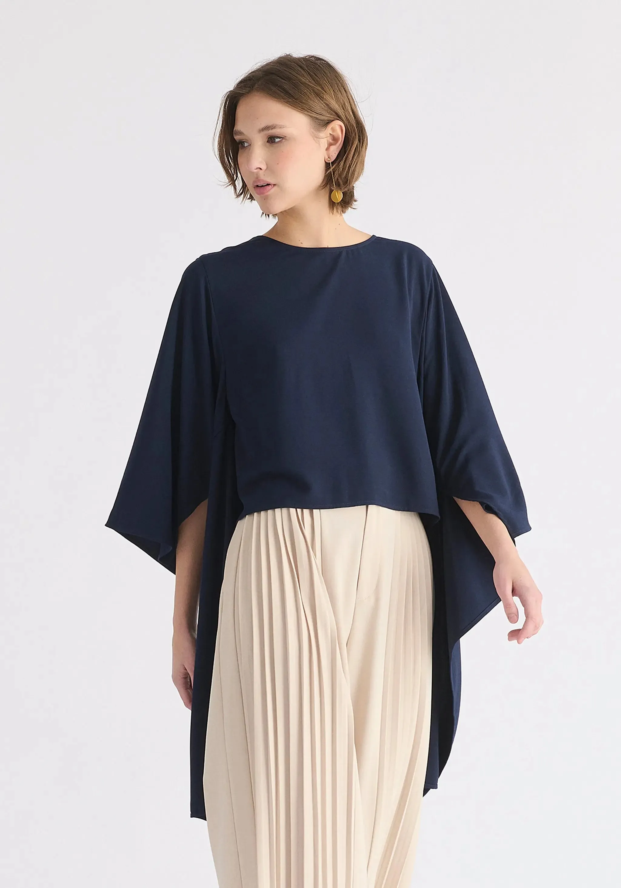 Navy Round Neck Cape Top