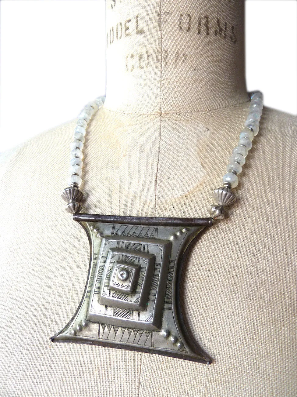 Necklace Antique Tuareg Silver Amulet Moonstone Choker