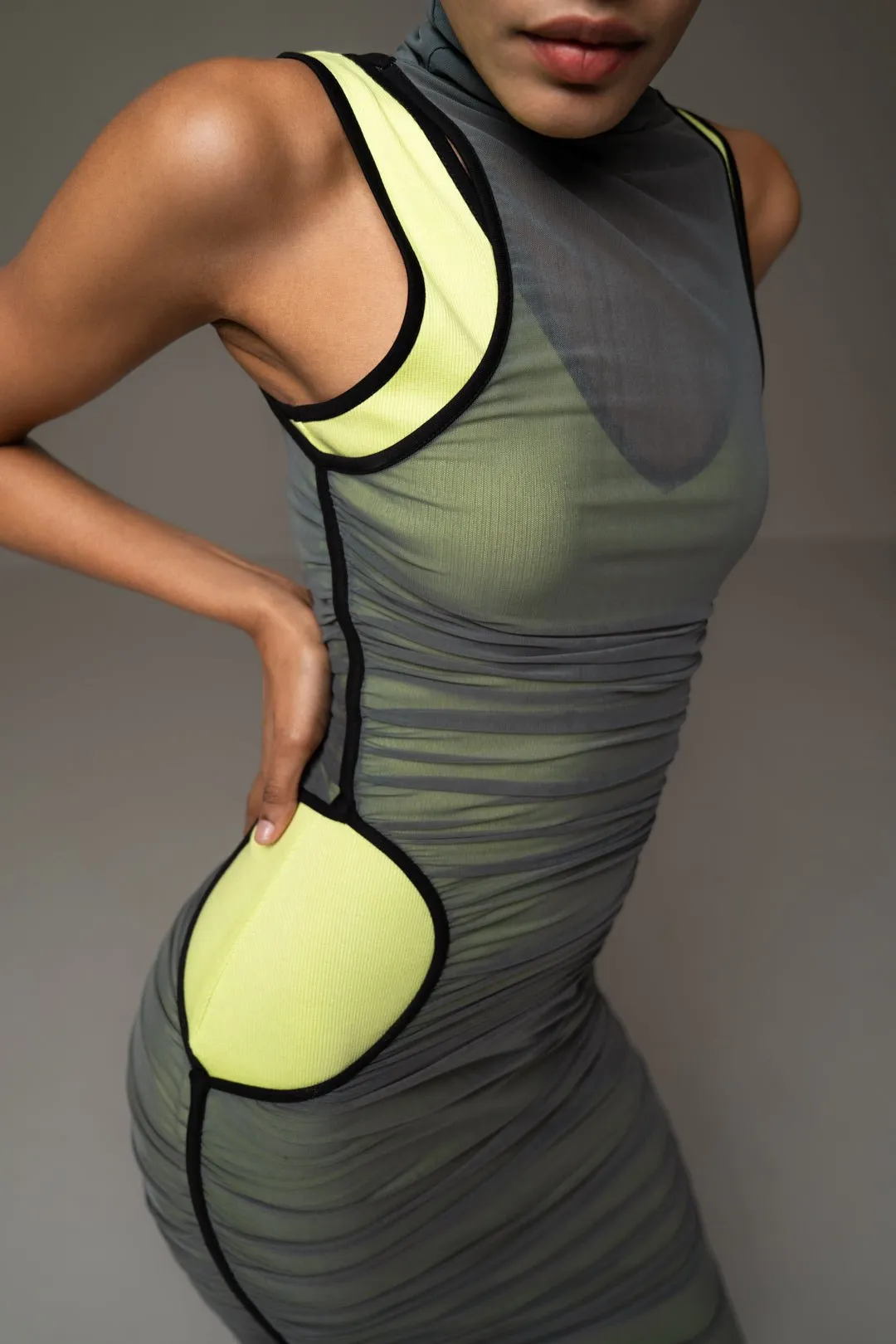 NEON LAYERED MESH DRESS WITH CONTRAST DETAIL