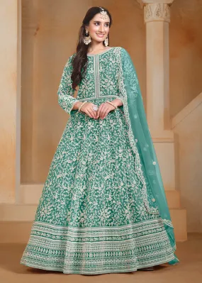 Net Teal Green Embroidered Festive Style Anarkali Suit