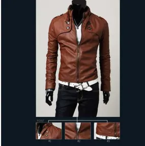 New men's fashion Slim PU leather jacket