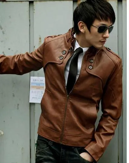 New men's fashion Slim PU leather jacket