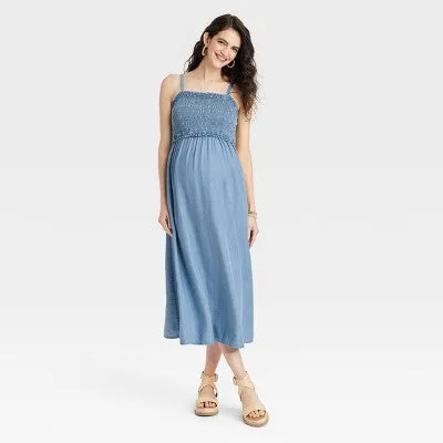 New - Sleeveless Smocked Midi Maternity Dress - Isabel Maternity by Ingrid & Isabel Blue XS