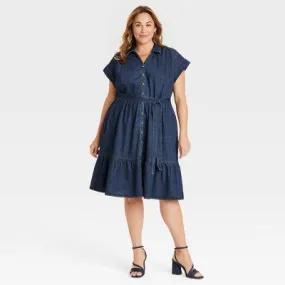 New - Women's Short Sleeve Denim Tiered Midi A-Line Dress - Ava & Viv Dark Wash XXL