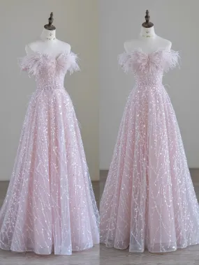 Off Shoulder Feather Pink Glitter Prom Dress