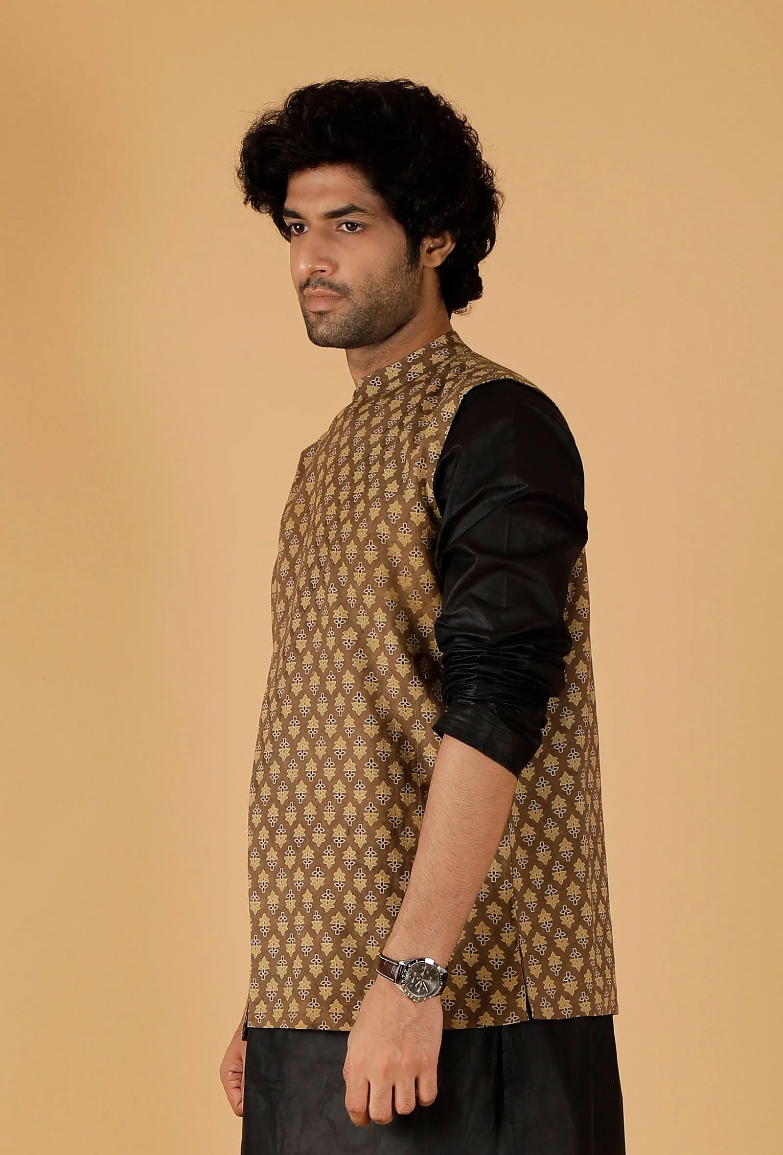 Olive Green Ajrakh Print Cotton Sleeveless Over Lapped Nehru Jacket