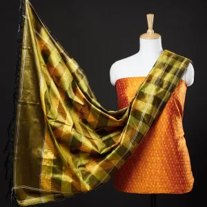 Orange - 2pc Pochampally Ikat Weave Handloom Pure Raw Mulberry Silk Suit Material Set