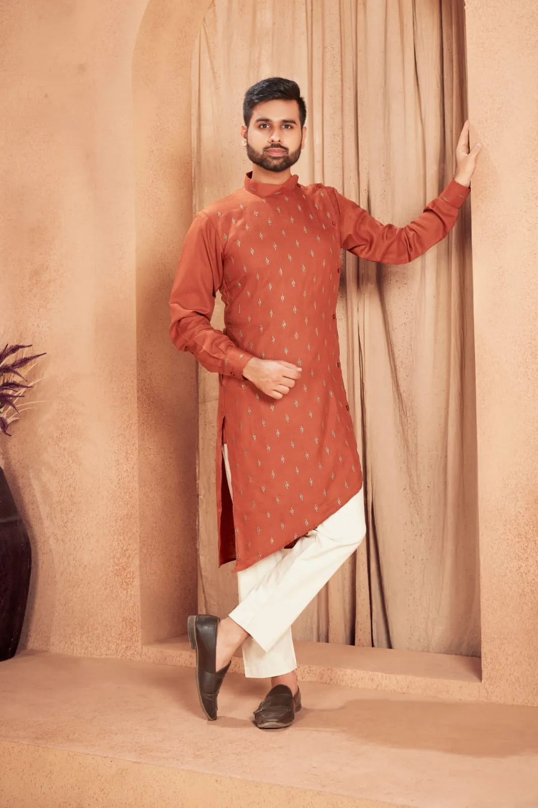 Orange Ethnic Cotton Men's Kurta Pajama