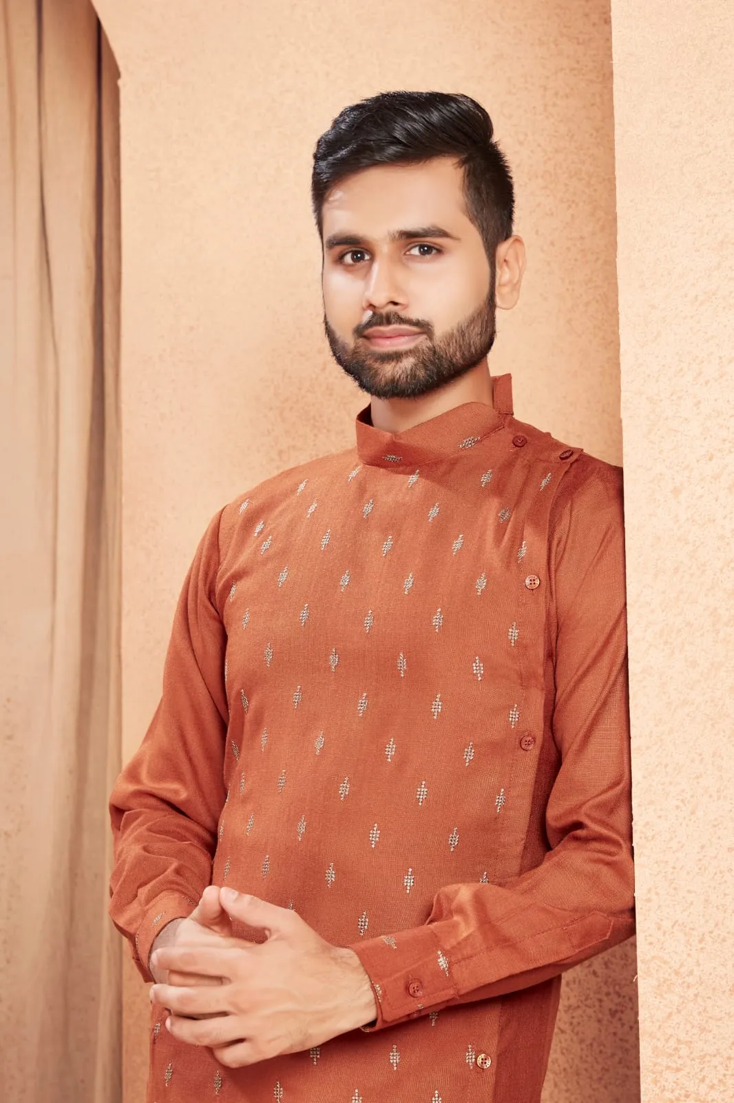 Orange Ethnic Cotton Men's Kurta Pajama