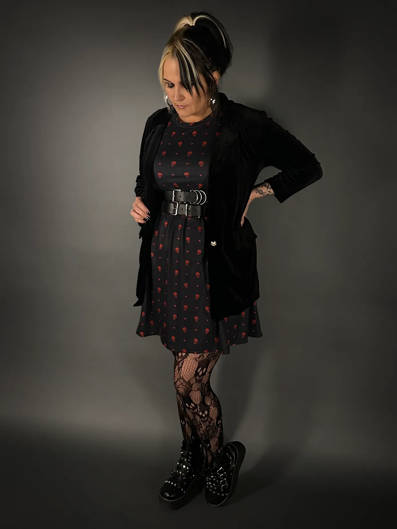 Outfit Set - Tommyrot "Hearts & Skulls" Skater Dress & Vintage Style Velvet Blazer in Black